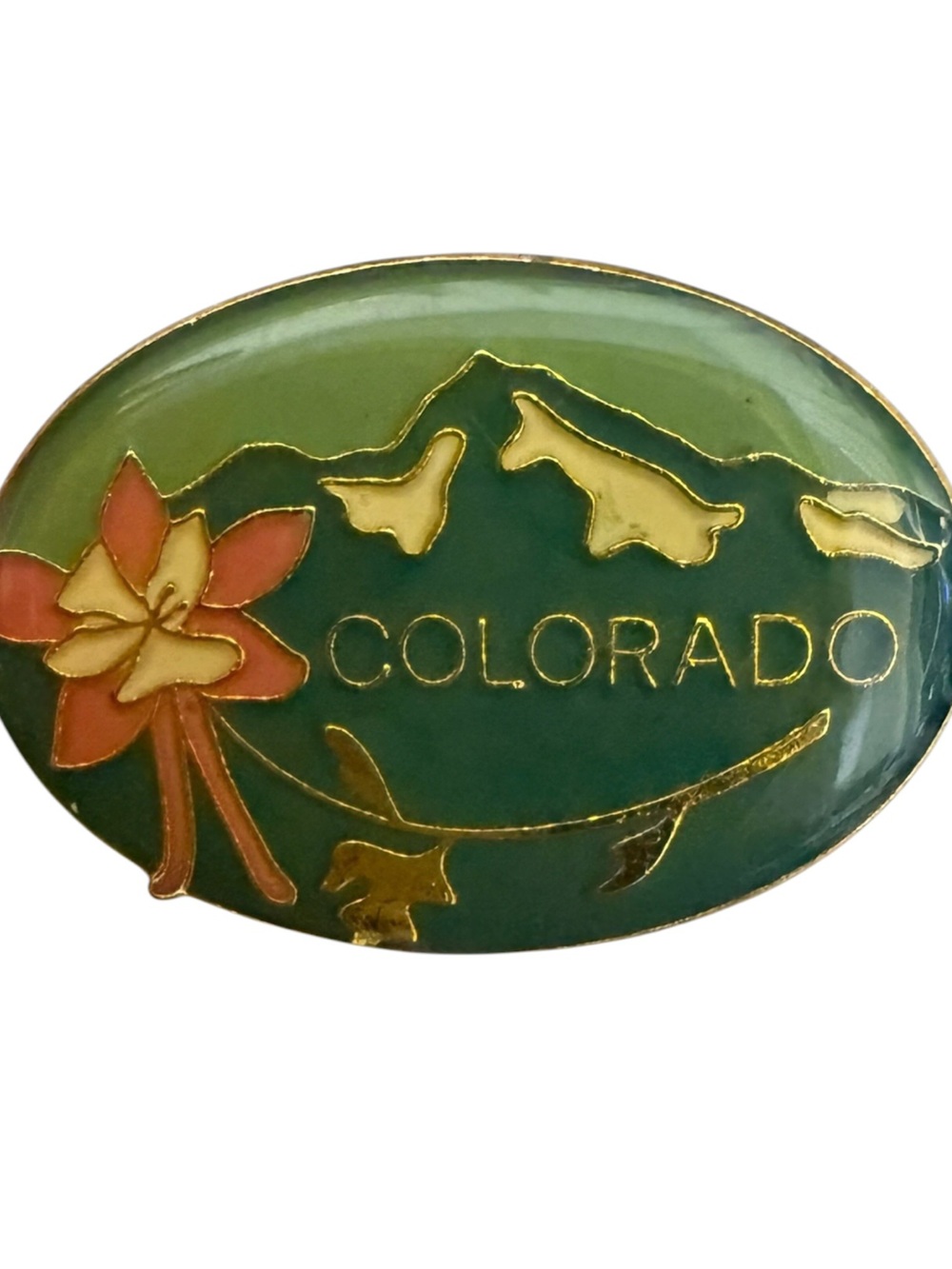 VTG COLORADO BROOCH Colorado Enamel Pin with Mountain & Columbine Motif - Green